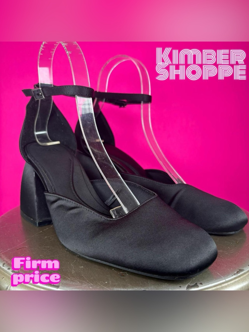 Zara Black Satin Square Toe Block Heel Ankle Strap Pump EU 39 US 8